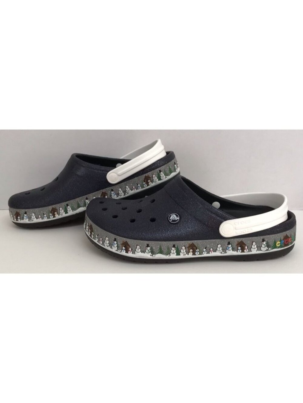 Crocs Classic Black Glitter Snowman Print Unisex Size 9 M / 11 W